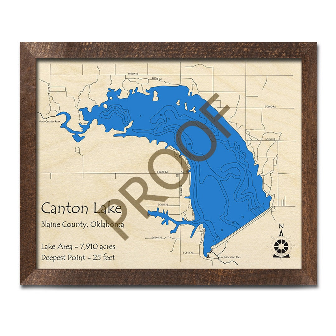 Wooden Canton Lake Map, Oklahoma, 3D Wood Chart 3D Depth Map, Cabin