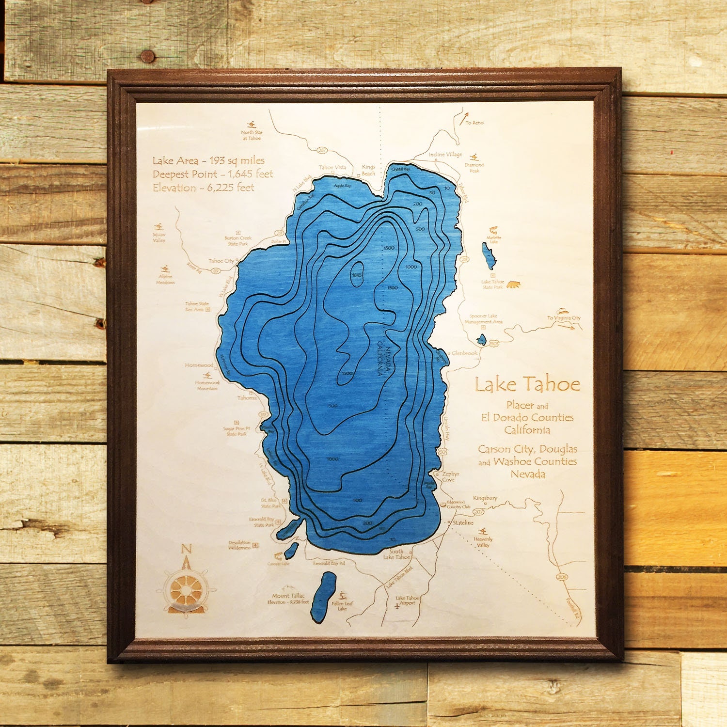 Lake Tahoe 3D Wood Map Nautical Depth Map of Lake Tahoe Etsy