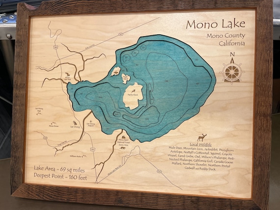 Mono Lake, CA 3D Wood Map 14x18 Barnwood Frame QUICK SHIP Laser