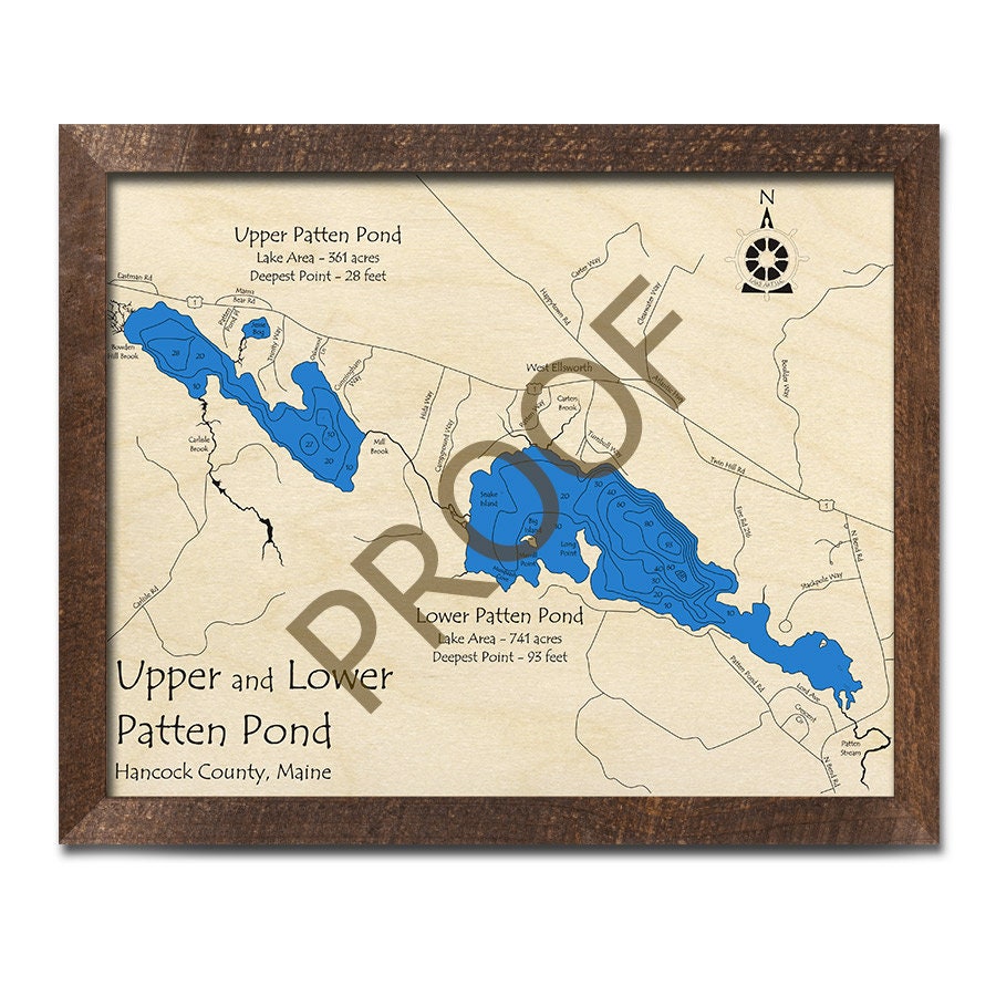 Upper and Lower Patten Pond Maine 3D Wood Map Custom Etsy