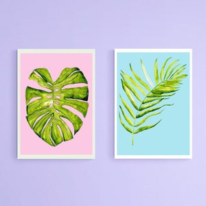 Set of 2 Botanical Monstera Palm Blue Pink Watercolour Prints