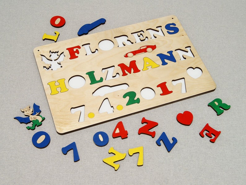 Wooden puzzle with name and date of birth image 1