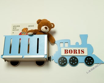 Wall shelf - train for unfinished books and little plush toys with name