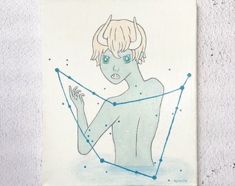 Zodiac Capricorn Stars Constellation Sign Painting - Original Acrylic and Mixed Media Canvas Art