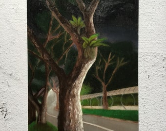 Trees Wall Art,Landscape,Trees Painting,Nature Home Decor,Scenery Artwork,Night,Street,Oil Painting,Realism,Gifts for nature lover,Branches