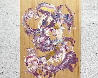 Violet, Gold & White Marble Swirls Burst Abstract Painting - Original Acrylic on Wooden Panel Art