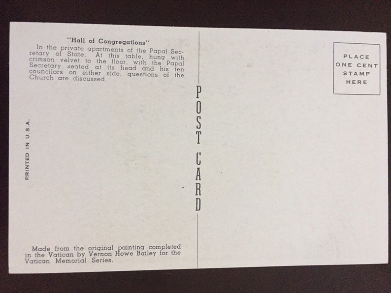 Hall Of Congregations Vintage Mid-Century Unposted Postcard Vatican Memorail Series Originally Painted By Vernon Howe Bailey