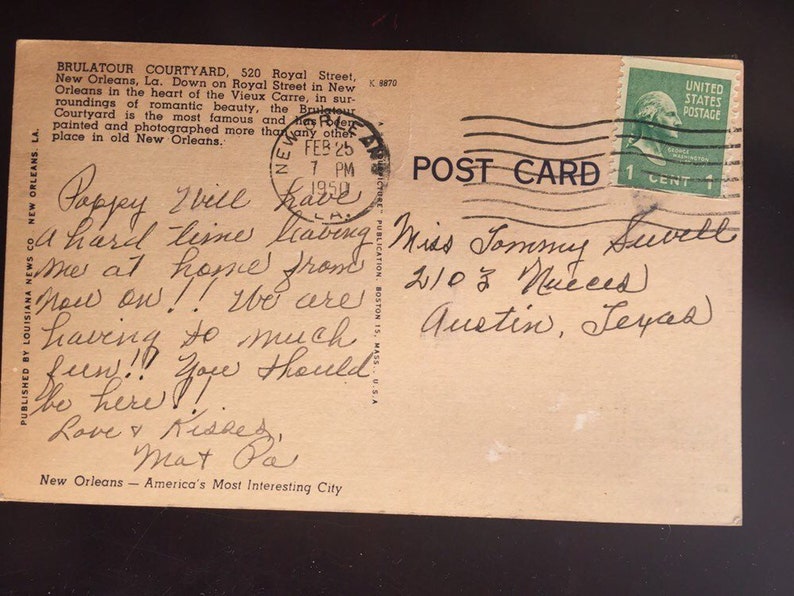 Lovely Used Postmarked 1950 Souvenir Postcard New Orleans Louisiana Brulatour Courtyard Colourpicture