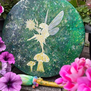 Hand-Painted Fairy/Fae ~ Shaman Style Drum ~ 14&quot; Medicine Drum for Ceremony, Healing, Sound Work – With Decorated Beater