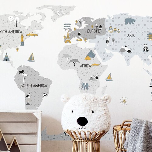 World Map Wall Decal Map Wall Sticker Nursery Map Kids Room Etsy Canada