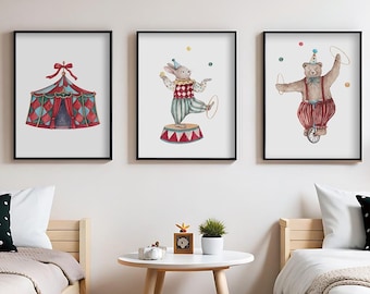 Set 3 x Poster with Circus - Hand-painted Watercolor Prints, Children's Art Decoration