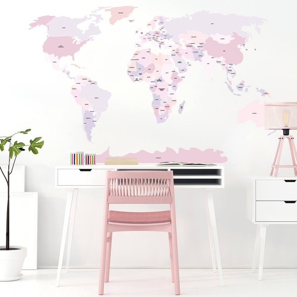 Political WORLD MAP wall decal / nursery decor / kids wall decal / Pink World Map Wall Stickers