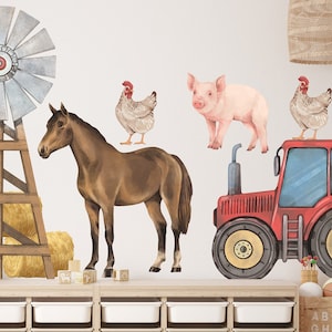 Charming Farm Animals Watercolor Wall Decals for Kids - Horse, Pig, Tractor Wall Stickers