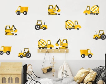 Calcomanías de pared CONSTRUCCIÓN / Calcomanías de vinilo para camiones / Calcomanías de pared de autos amarillos / Calcomanías de pared para niños