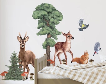 Adesivo murale FOREST XXL / decorazioni per bambini / decalcomanie murali in legno / adesivi murali per animali forestali