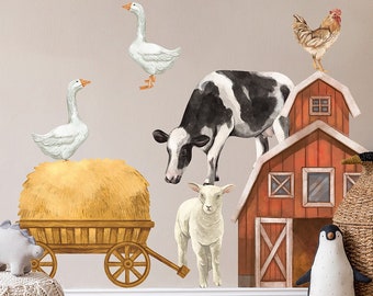 FARM ANIMALS set watercolor wall decal / kids decor / nursery wall decals / Cow, Sheep, Barn Wall Stickers