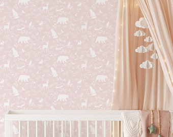FOREST wallpaper / nursery decor / baby room wallpaper / forest animals / Wallpaper with Animals - pink