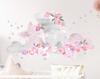 Peonies Wall Decal / Peony Wall Sticker / Moon Wall Sticker / Flowers Nursery Decal