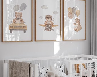 Cute Kids Room Poster Trio - Hand-painted Watercolor Prints, Children's Art Decoration