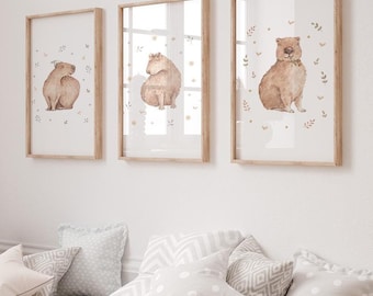 Set 3 x Capybara Posters - Hand-painted Watercolor Prints, Children's Art Decoration