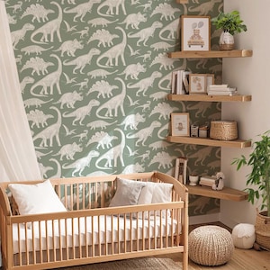 Matcha Dinosaur Wallpaper for Kids Room | Jurassic Wall Mural | Removable Safari Nursery Wallpaper | Dino Decor for Boys Bedroom