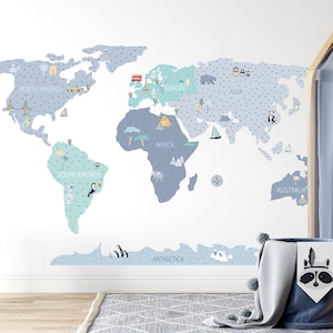 WELTKARTE Wandtattoo für Kinder / Kinderzimmer Dekor / Kinder Wandtattoo / Weltkarte Wanddeko / Kinderzimmer Deko / Blaue Landkarte