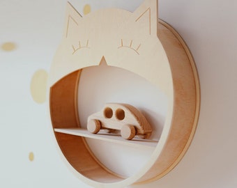 Großes HOLZREGAL KATZE, 40 cm, rundes Regal, Wanddeko für Kinderzimmer, Boho Schlafzimmer, Kreis Bücherregal