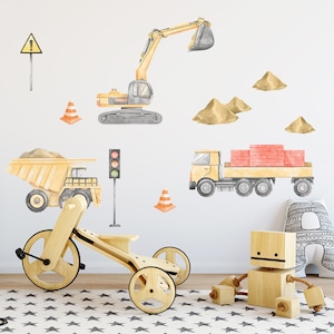 CONSTRUCTION SET II yellow watercolor wall stickers for kids, nursery room wall sticker, crane, concrete mixer