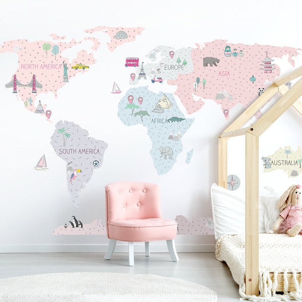 Décalcomanie murale carte du monde pour enfants / décoration de chambre d'enfant / décalcomanie pour enfants / Stickers muraux carte du monde / décoration murale / décoration pour enfants / papier peint pour chambre de bébé