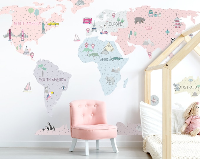WORLD MAP Wall Decal for Kids / Nursery Decor / Kids Decal / World Map Wall Stickers / Wall Decor / Kids Decor / Nursery Wallpaper