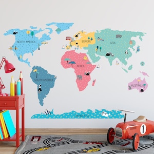 WELTKARTE Wandtattoo für Kinder / Kinderzimmer Dekor / Kinderzimmer Wandsticker / Weltkarte Wandsticker / Wanddekoration / Kinderzimmer Tapete / Farbe