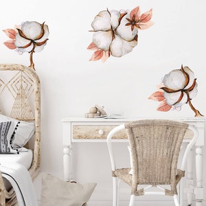 Wall decor COTTON flowers set, boho bedroom wall stickers, kids wallpaper, nursery room wall decals