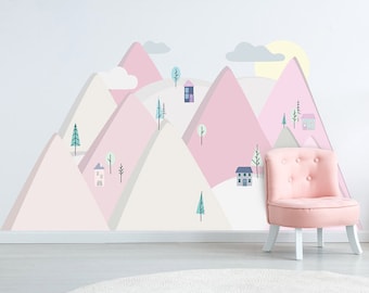 Big wall decor MOUNTAIN pink, wallpaper for kids, childrens room wall art, stickers for kids, nursery wall sticker