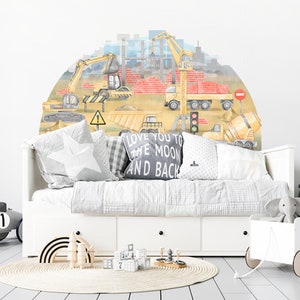 Sticker mural jaune aquarelle CONSTRUCTION pour enfants, sticker mural chambre d&#39;enfant, pelle mécanique, grue, camion, panneaux de signalisation