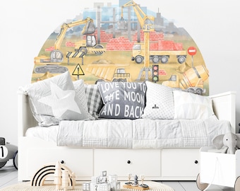 May include: A yellow and gray construction themed wall decal with a variety of construction vehicles, including a crane, bulldozer, dump truck, and cement mixer. The decal is in the shape of a half circle and is perfect for a child's bedroom or playroom.