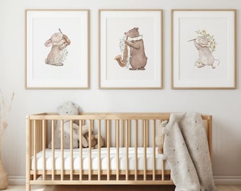 Cute Kids Room Poster Trio - Hand-painted Watercolor Prints, Children's Art Decoration