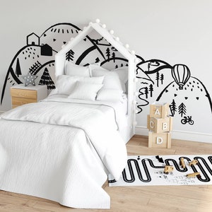 Decorazione murale MONTAGNA nera, arte murale per cameretta bambini, carta da parati per bambini, decorazioni per la cameretta dei bambini, adesivi murali per bambini
