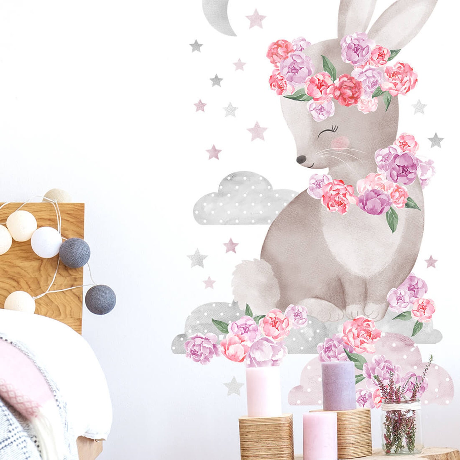 Wall Decor RABBIT Pink, Kids Room Wall Art, Animal Wallpaper, Girl Room ...