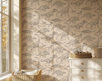 Papier peint dinosaure beige pour chambre d'enfant | Papier peint Jurassique | Papier peint amovible dinosaure pour chambre de bébé | Décoration dinosaure pour chambre de garçon