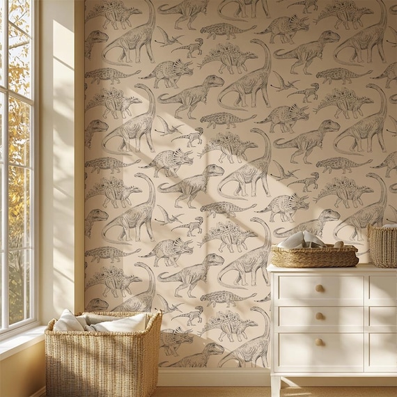 Beige Dinosaur Wallpaper for Kids Room | Jurassic Wall Mural | Removable Dino Nursery Wallpaper | Dino Decor for Boys Bedroom