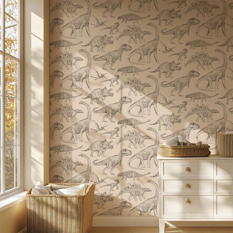 wallpaper for kids with dinosaurs, green wallpaper with dinos, wallpaper nursery decor, wallpaper with dinosaurs, dinosaurs on wallpaper, beautiful wallpaper in kids room, wall decor for kids room, kids room decoration, nursery decor wallpaper