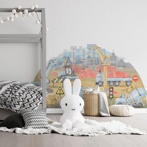 Sticker mural bleu aquarelle CONSTRUCTION pour enfants, sticker mural chambre d&#39;enfant, pelle mécanique, grue, camion, panneaux de signalisation