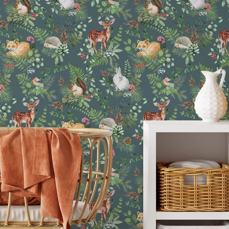 wallpaper for kids with animals, green wallpaper with animals, wallpaper nursery decor, wallpaper with animals, woodland wallpaper, beautiful wallpaper in kids room, wall decor for kids room, kids room decoration, nursery decor wallpaper