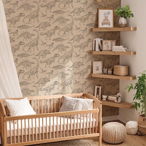 wallpaper for kids with dinosaurs, green wallpaper with dinos, wallpaper nursery decor, wallpaper with dinosaurs, dinosaurs on wallpaper, beautiful wallpaper in kids room, wall decor for kids room, kids room decoration, nursery decor wallpaper