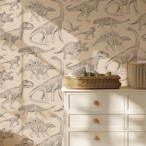 wallpaper for kids with dinosaurs, green wallpaper with dinos, wallpaper nursery decor, wallpaper with dinosaurs, dinosaurs on wallpaper, beautiful wallpaper in kids room, wall decor for kids room, kids room decoration, nursery decor wallpaper