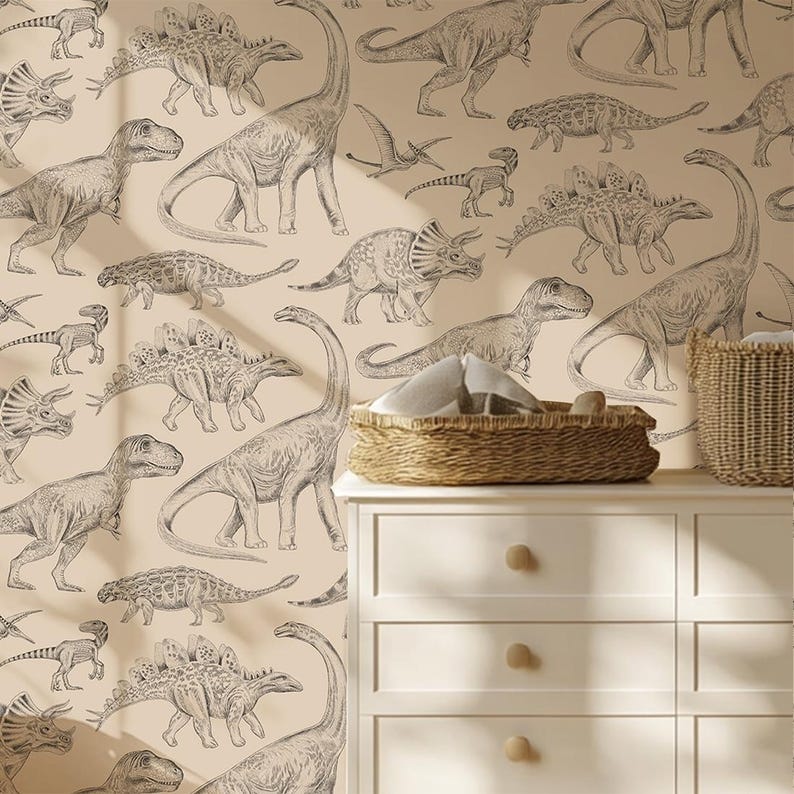 wallpaper for kids with dinosaurs, green wallpaper with dinos, wallpaper nursery decor, wallpaper with dinosaurs, dinosaurs on wallpaper, beautiful wallpaper in kids room, wall decor for kids room, kids room decoration, nursery decor wallpaper