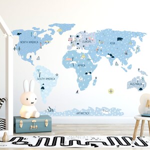 WELTKARTE Wandtattoo / Kinderzimmer Deko / Kinderzimmer Wanddeko / Weltkarte Wandsticker / Wanddeko / Kinderzimmer Tapete / Blaue Weltkarte