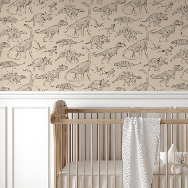 wallpaper for kids with dinosaurs, green wallpaper with dinos, wallpaper nursery decor, wallpaper with dinosaurs, dinosaurs on wallpaper, beautiful wallpaper in kids room, wall decor for kids room, kids room decoration, nursery decor wallpaper