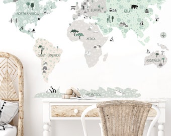 WORLD MAP Wall Decal for Kids / Nursery Decor / Kids Decal / World Map Wall Stickers / Wall Decor / Kids Decor / Nursery Wallpaper / Tropic