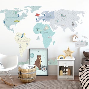 WELTKARTE Wandtattoo / Kinderzimmer Deko / Kinder Aufkleber / Weltkarte Wandaufkleber / Wanddekoration / Kinderzimmer Tapete / Mintfarbene Weltkarte